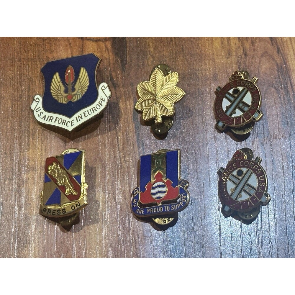 Lot of (6) Military Pins - 159th 192nd Oak Leaf Airforce in Europe Army Ordance